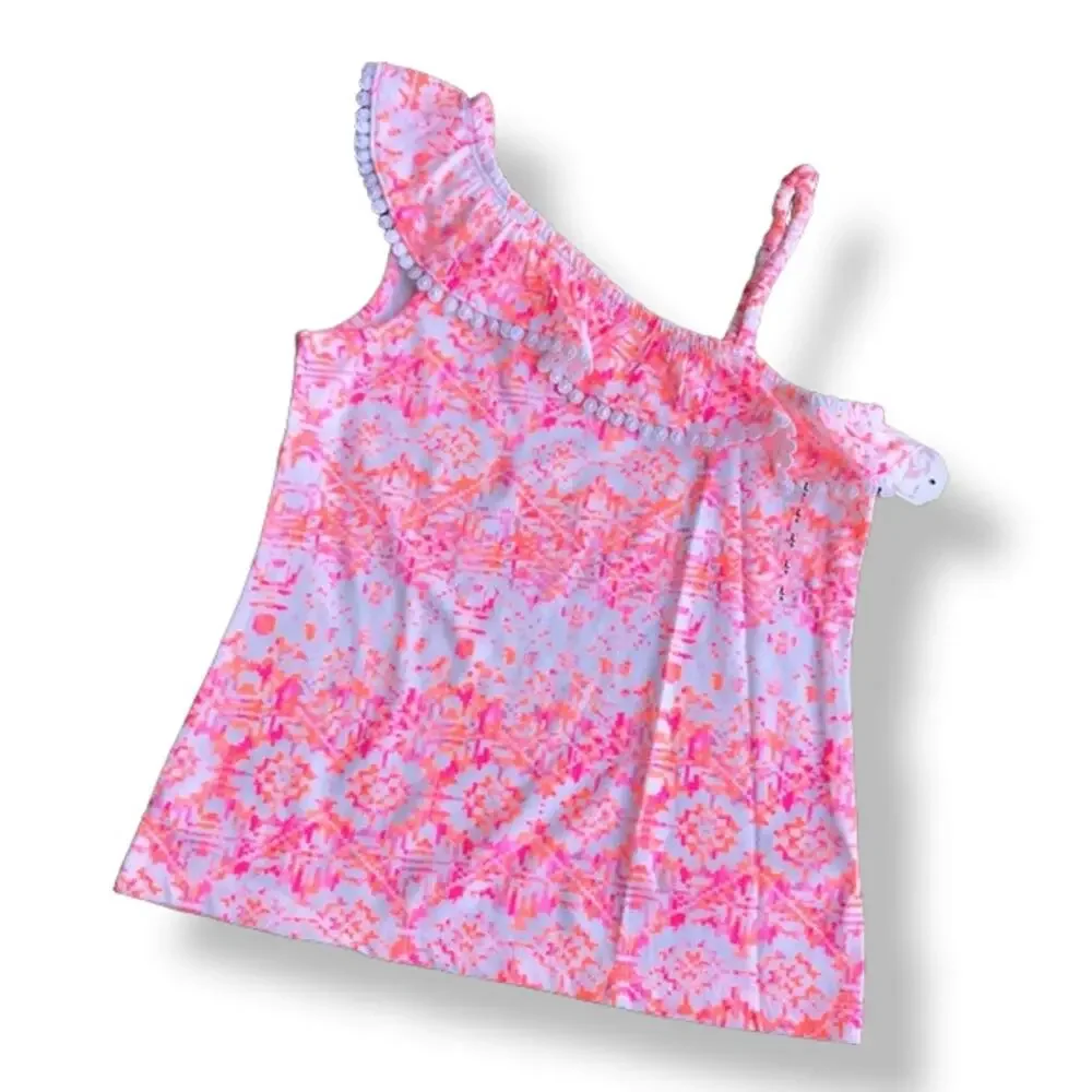 Arizona Jean Co Girls‎ Tank Size Large 6 Fun Orange Pink One Shoulder Ruffle NEW